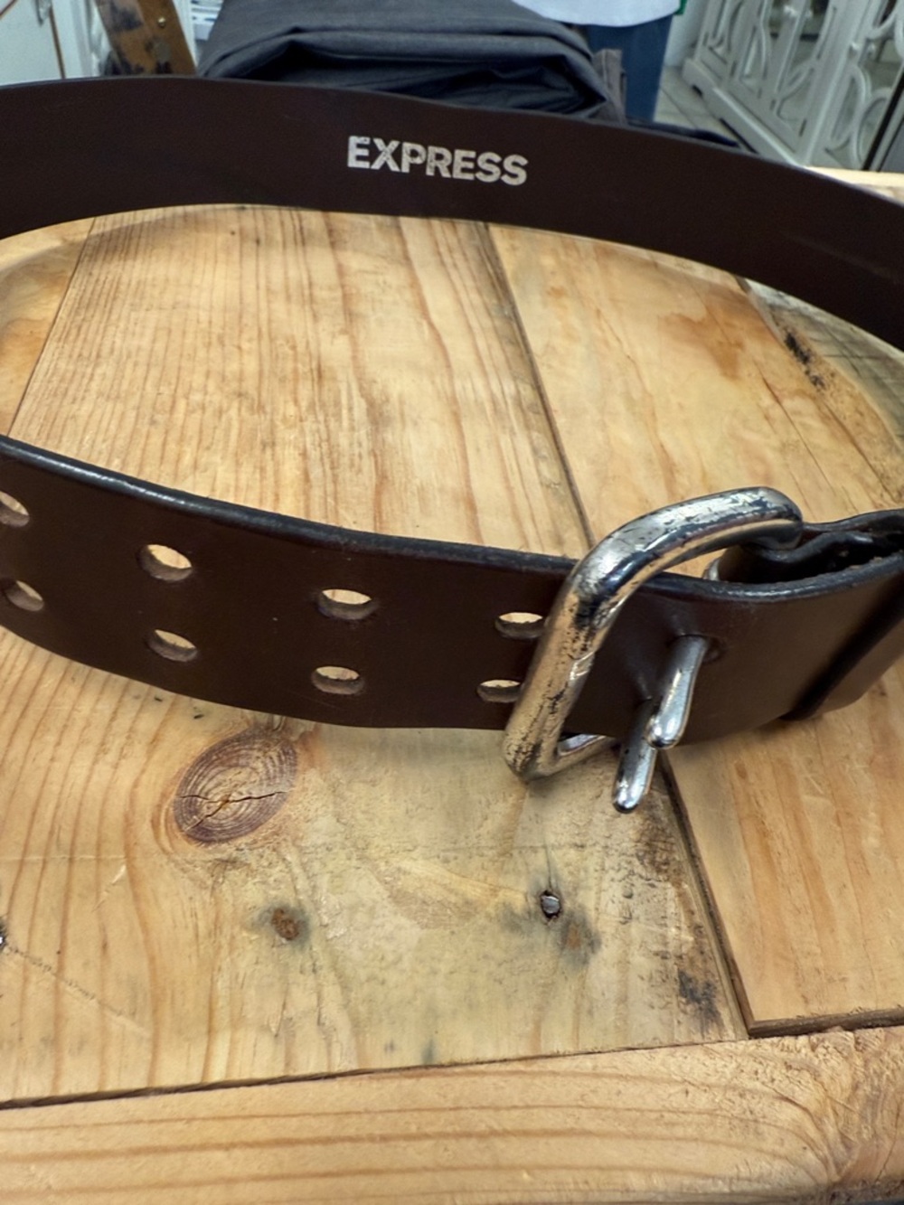 Express Men's Dark Brown Leather Belt with Silver Buckle